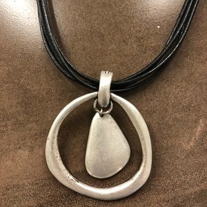 Black leather and silver tone necklace